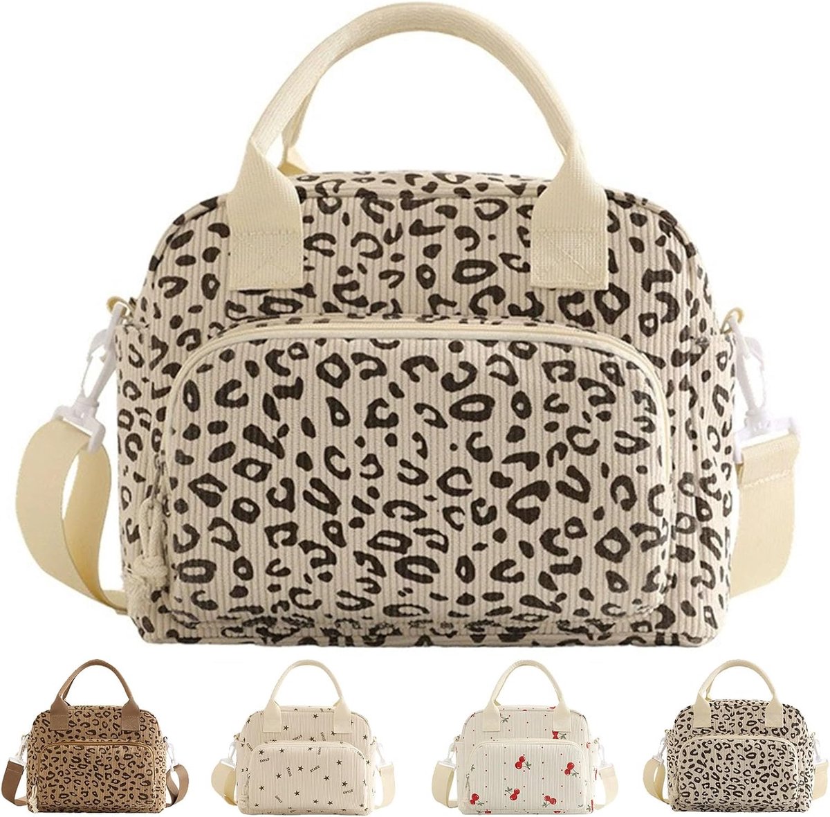 Koeltas, klein, 9,5 l, lunchtas voor dames, van corduroy, voedselveilige PEVA-voering, afneembare schouderriem voor kantoor, werk, picknick, beige luipaard