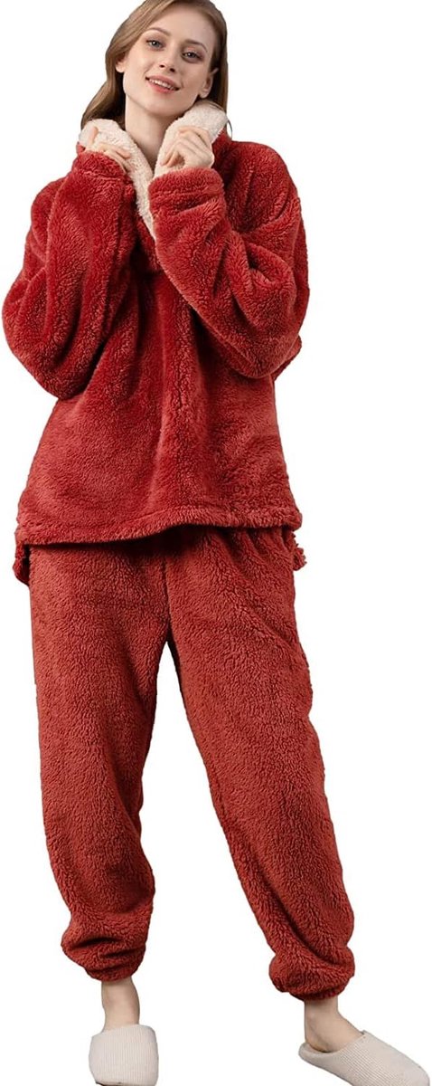 iyoimono Pyjama voor dames 2-delige set pyjama met lange tops en broek polar fleece huispak knuffelig en warm flanel nachtkleding pyjama voor vrouwen flanel fleece voor winter slaapkleding