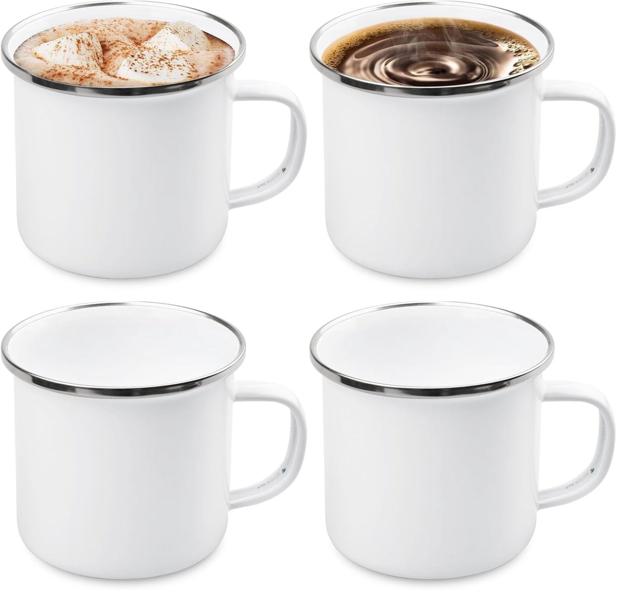 Set van 4 geëmailleerde bekers, 350 ml, campingbeker, emaille beker met roestvrijstalen drinkrand, drinkbeker, koffiemok, emaille beker voor thuis, kantoor, reizen, camping