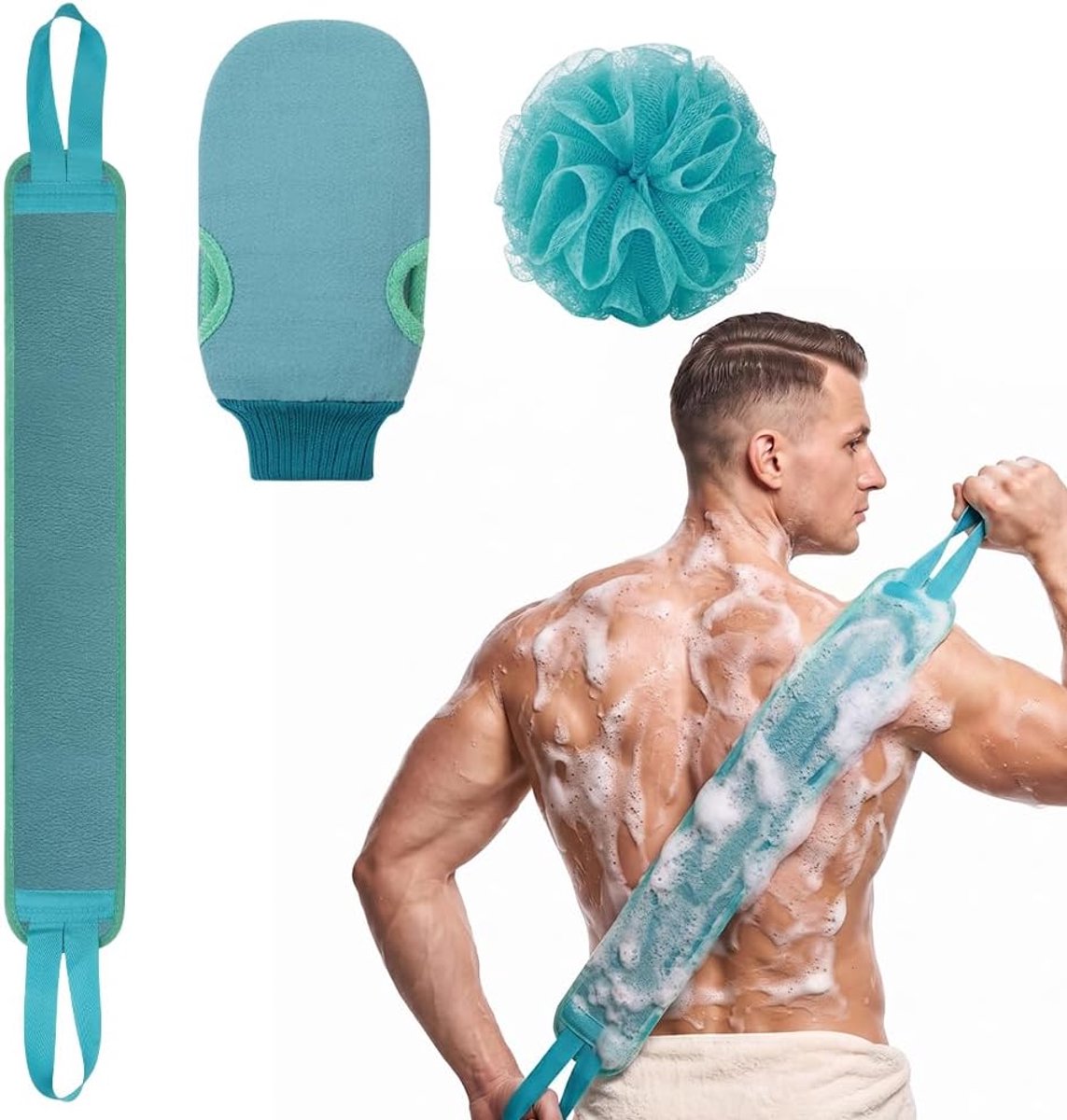 3-delige set exfoliërende rugscrubber-badhandschoenen, Koreaanse exfoliërende handschoenen, groen