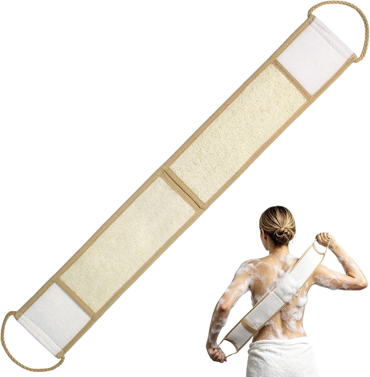 Natuurlijke Luffa-spons, lichaamscrub, dubbelzijdige rugschrobber met handvat, dieptereiniging, duurzaam en biologisch, voor douche en badkamer (bruin)