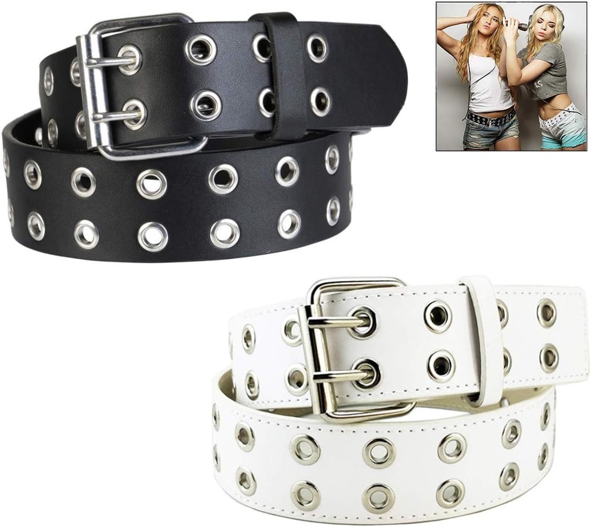 Riem met Studs, Stud Riem met Dubbele Gesp, Gothic Leer voor Dames, Jeans en Broeken, Zwart en Wit