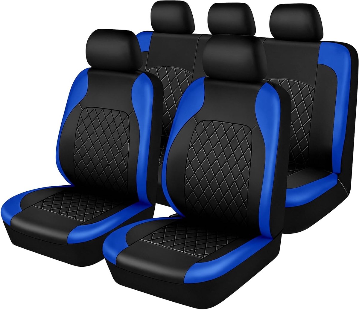 9 stuks leren autostoelhoezen, complete waterdichte stoelhoezen, volledige set, waterdichte voorstoelen, achterbankbeschermer met zij-airbags, voorstoelbekleding en hoofdsteunhoes (blauw)