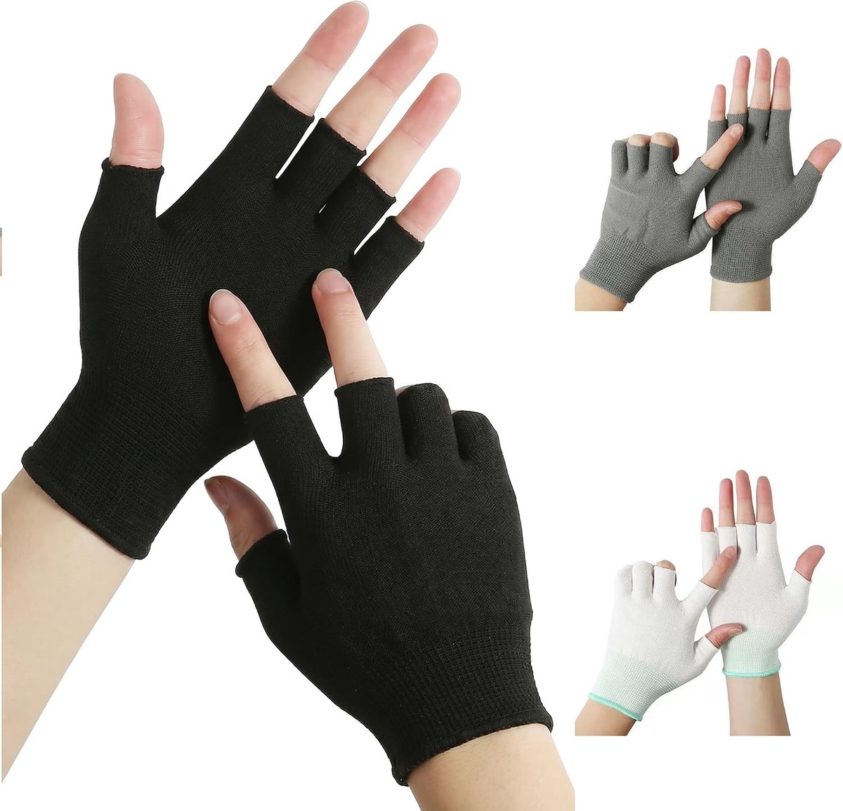 3-pack vingerloze handschoenen, 1 paar van wit, zwart en grijs, zachte ademende stof, ideaal voor eczeemverlichting, nachtelijke lotion, spabehandelingen en dagelijks gebruik