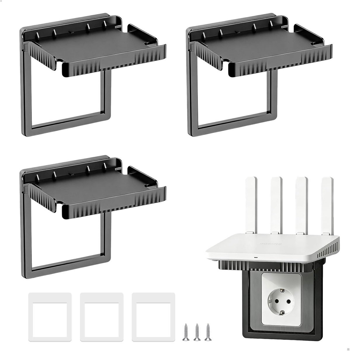 houder voor internetbox, opslag voor internetbox, rek voor decoder, inbouwstopcontact, opvouwbaar, boren niet nodig, voor woonkamer, slaapkamer, kantoor (zwart, 3 stuks)
