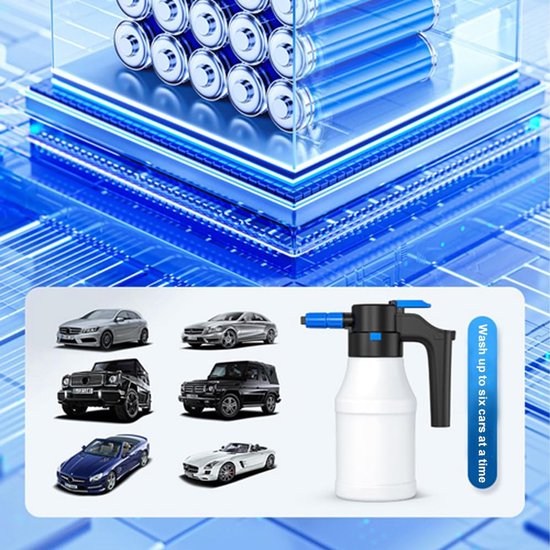 Elektrische autowas-sproeifles, 1,5 liter, grote inhoud, schuimsproeiapparaat met 1500 x 2 mAh lithium-accu, 75° groothoekspray, hogedrukreiniger, schuimkanon voor 6 auto's, vrachtwagens — afbeelding 2