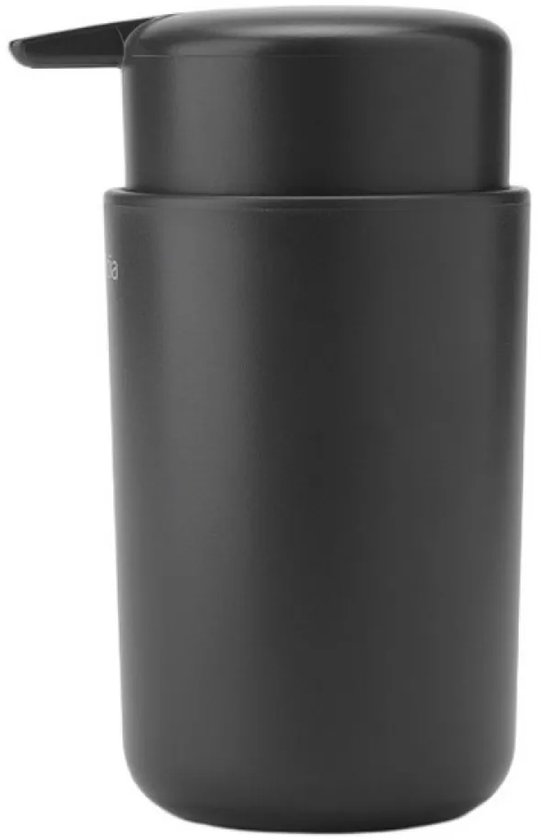 Donkergrijze Brabantia zeepdispenser met een pompdop en een subtiel logo.