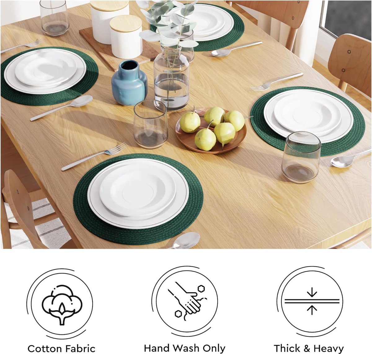 Set van 6 | Katoenen Tafelmat 32 cm Diameter, Encasa XO Wasbare Ronde Tafelmatten, Hittebestendige Eettafel Placemats, Handgemaakte Geribbelde Stijl voor Centre Tafel, Donkergroen