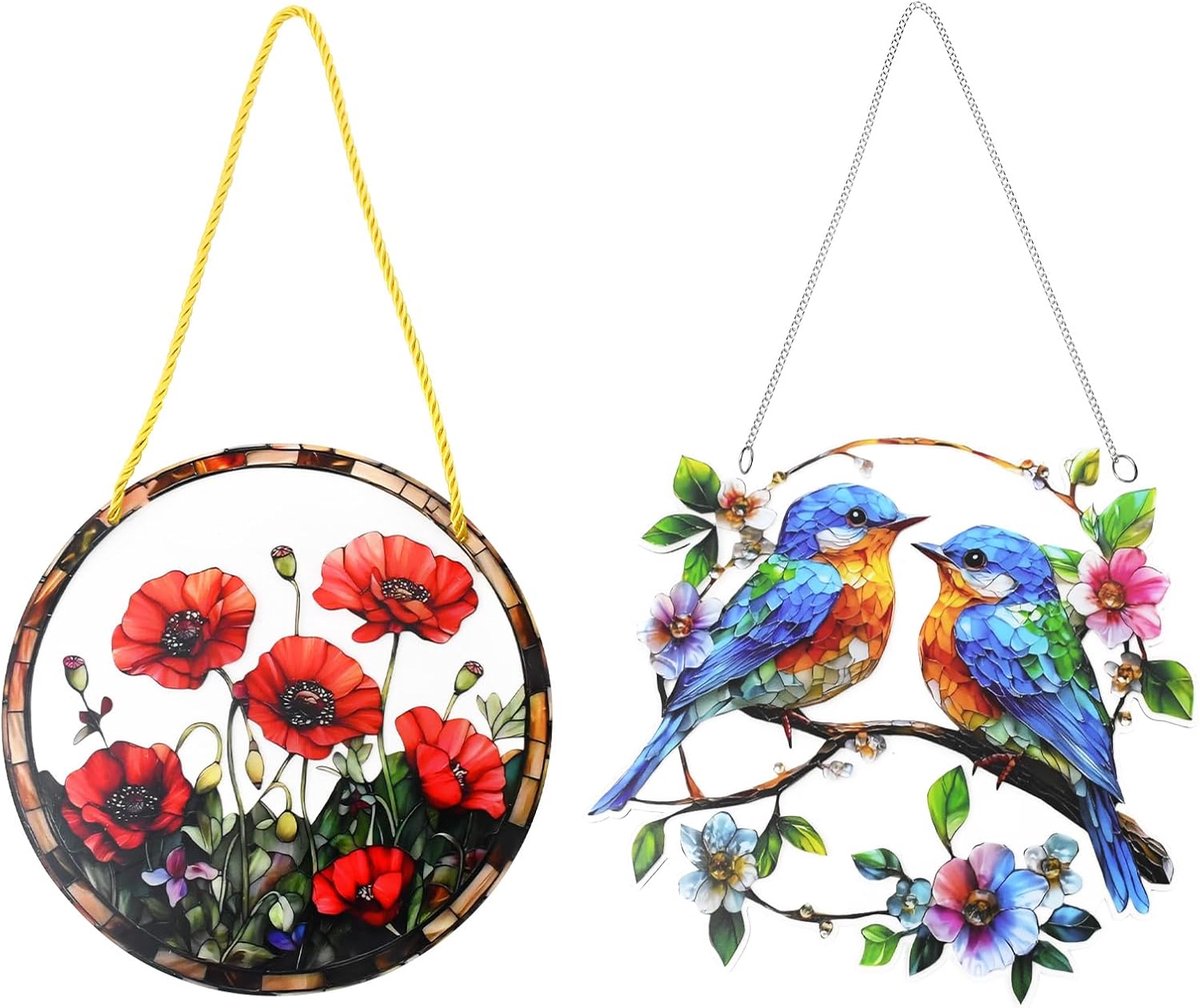 2 stuks elegante grote rode acryl bloem zonnescherm kolibrie zonneraam raamdecoratie lente decoratie hanger voor ramen, terras, muur, huis en tuin