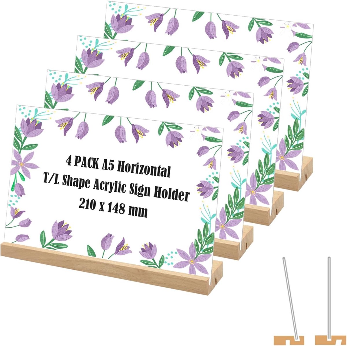 Acryl bordenhouders, set van 4 horizontale L-vormige / T-vormige staanders met houten sokkel, dubbelzijdige menuhouder, tafelstandaard voor hotels en restaurants - 210 x 148 mm