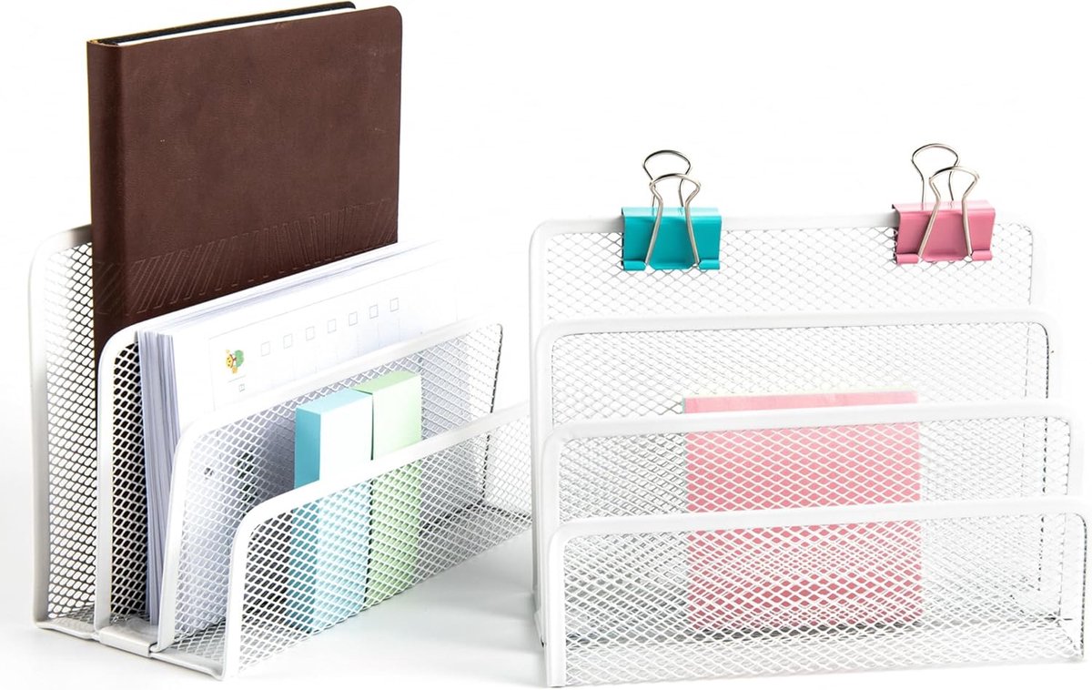 Kleine Letter Sorter Pack van 2 Desktop File Organizer Metalen Mesh Papier Stapelen Sorteerhouder 3 Slots (2 Wit)
