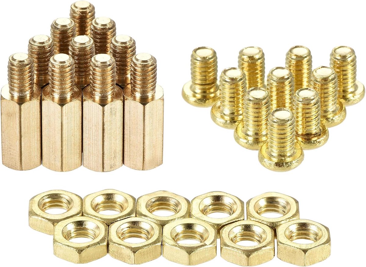 sourcing map M4 zeskant messing afstandhouder afstandhouder 12 mm + 6 mm mannelijk vrouwelijk met schroefdraadschroeven en moeren tas voor PCB moederbord computer printplaat 20 sets