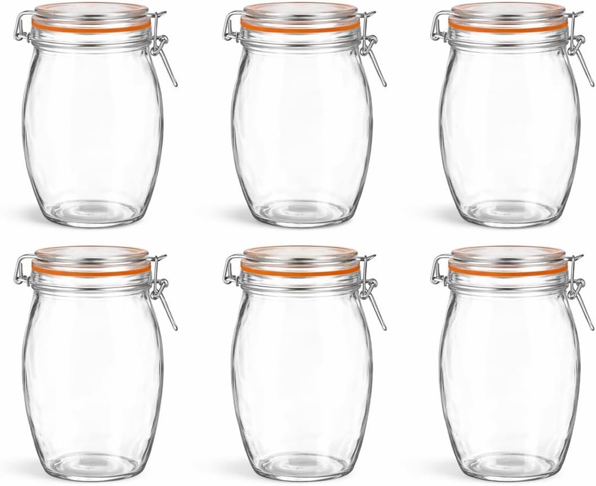 Potten 1300 ml met beugelsluiting – Extra grote glazen voorraadpotten met rubberen ring, luchtdicht & herbruikbaar – Vaatwasmachinebestendig – Transparant