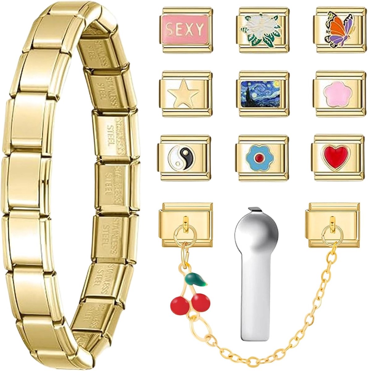 Italiaanse bedelarmbanden in goud, gouden bedelarmbanden, 10 gepersonaliseerde bedels, 9 mm afneembare modulaire bedelarmbandverbinding