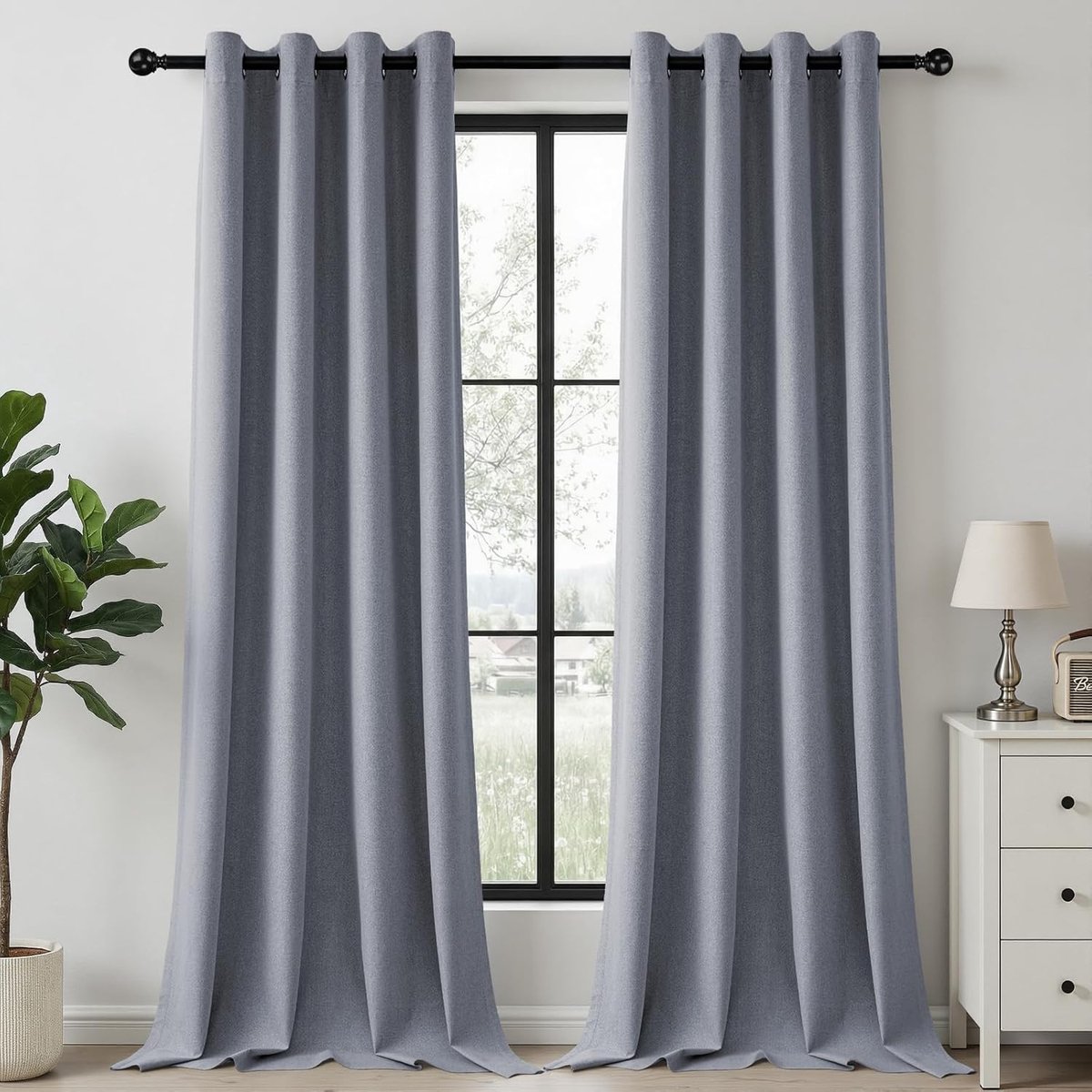 100% verduisterend, linnenlook, H 230 x B 140 cm, Steengrijsblauw thermogordijnen met oogjes, set van 2 voor slaapkamer, woonkamer en kinderkamer