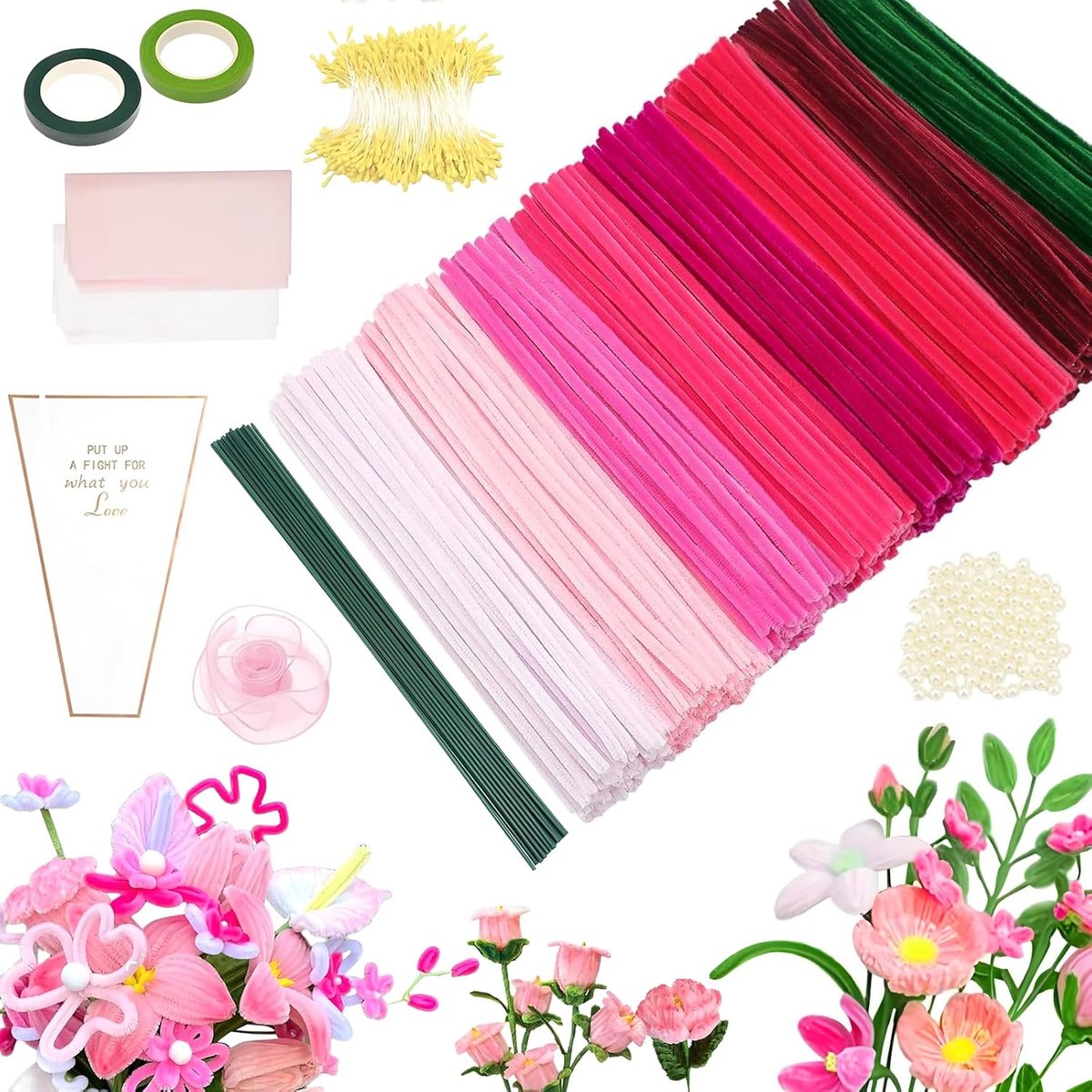 500 stuks chenille-buizenboeket, bloemen, chenilledraad, met bloemenband en steel kunstbloemen, geschikt voor boeket en doe-het-zelf decoratie (roze tinten, 8 kleuren)