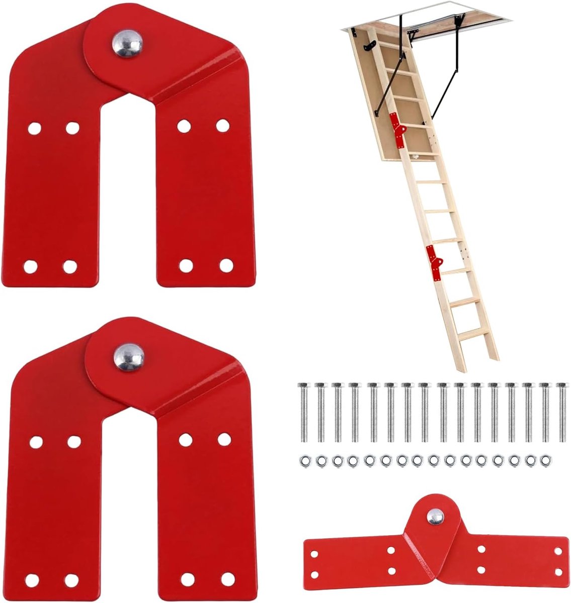 2 stuks zolderladder scharnieren om naar beneden te trekken, rode zoldertrap scharnieren met schroeven, vloertrap reserveonderdelen, ladder accessoires voor restauratie van zolderladders