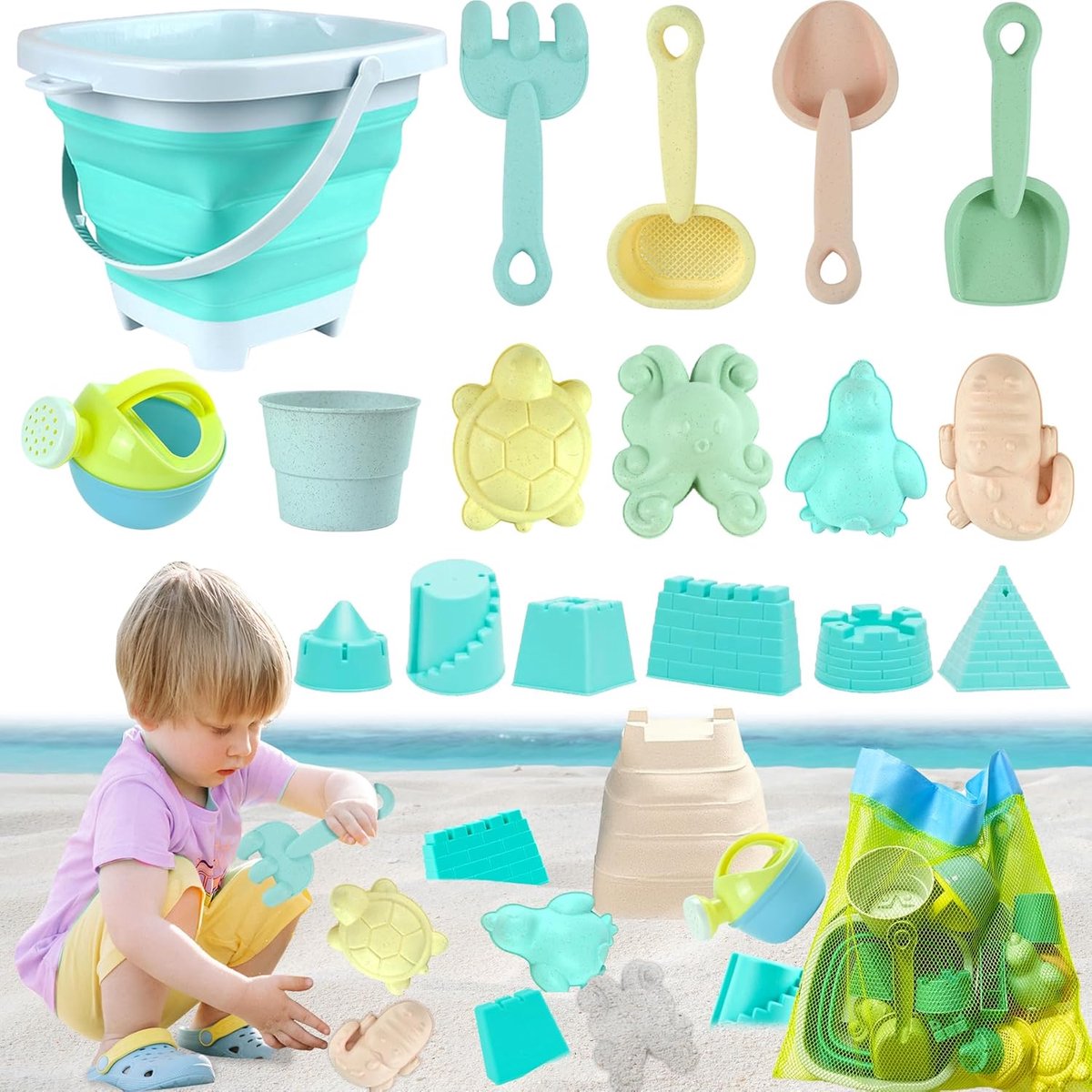 Strandspelletjes voor kinderen, 18-delige speelgoedset met opvouwbare emmer voor kinderen, nettas, schep, zandhark, zomerstrandspeelgoed voor jongens en meisjes