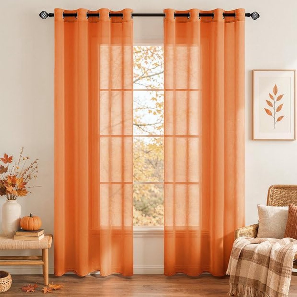 Glasgordijn, polyester voilegordijn met ingestanste ringen, transparante vitrage, luchtig, decoratief, voor slaapkamer en woonkamer, set van 2 gordijnen, 140 x 225 cm (b x h), oranje