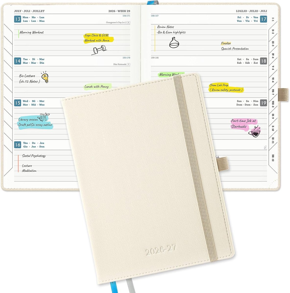 2026 2027: Weekagenda A5 Boekagenda(21,9 x 16,2cm) Schoolagenda 18 Maanden Horizontale Weekplanner van Jul.2026 tot Dec.2027, 80 Grams Papier, Luxe Geklede PU-Leren Kaft, Wit