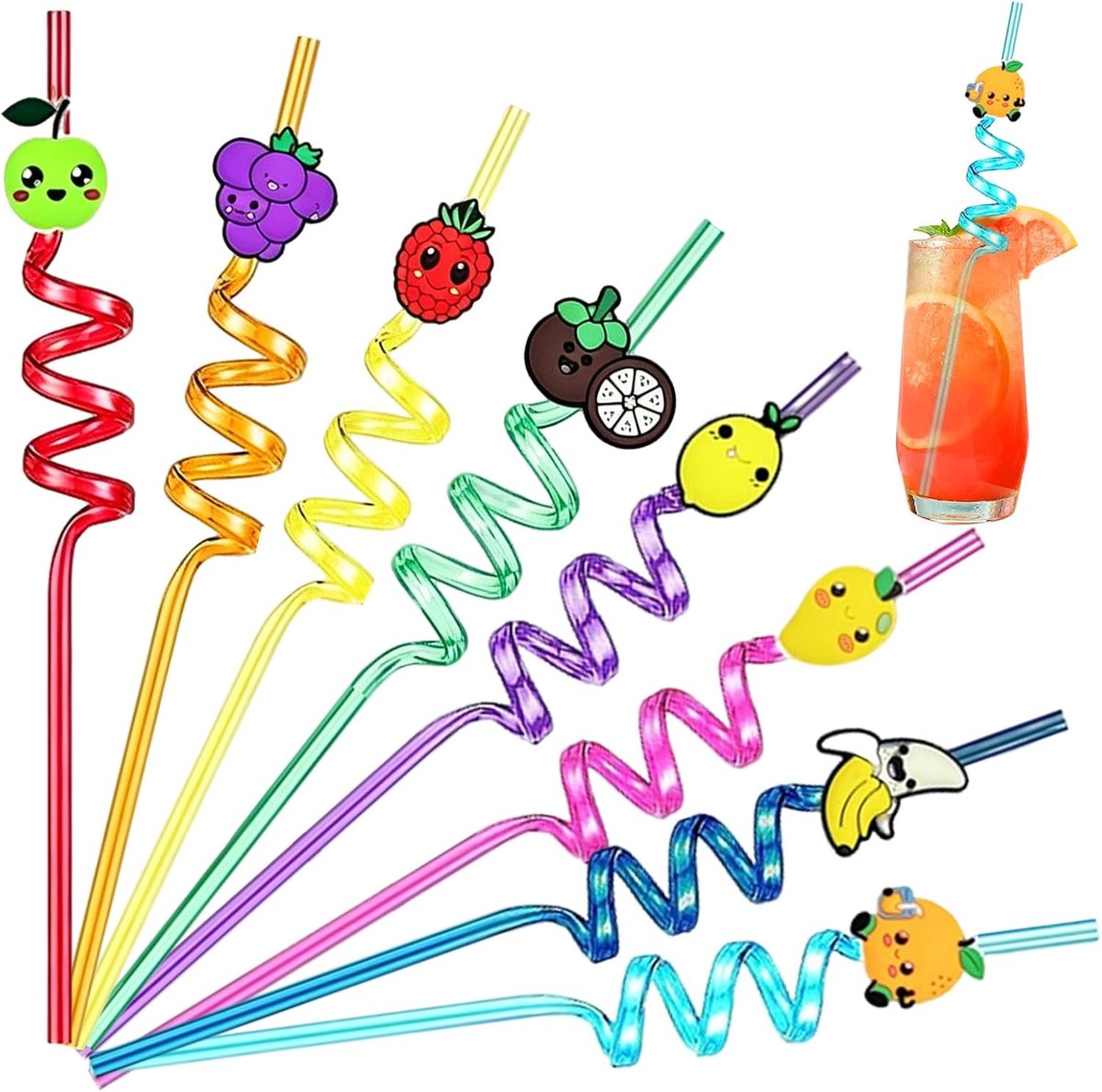Herbruikbare Gedraaide Plastic Rietjes van 26 cm, Perfect voor Feestdecoratie (fruit)