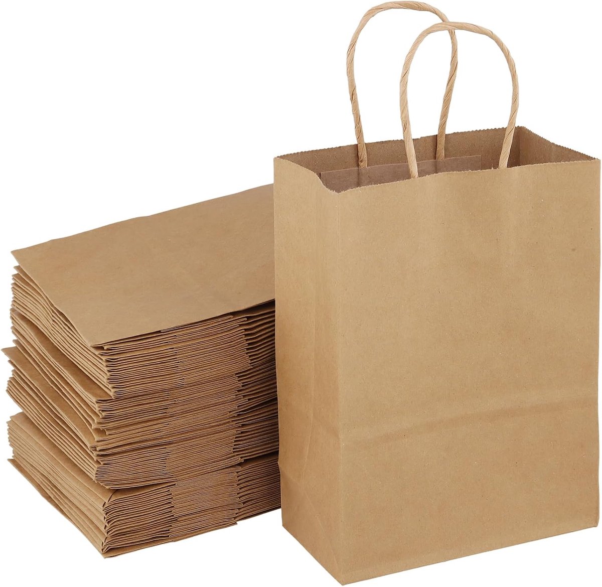 100 stuks bruine papieren zakken, klein met handvat, 15 x 8 x 21 cm, papieren cadeauzakjes met handvat, kraftpapieren zakjes, cadeauzakjes om te verpakken, winkelen, feesten, bruiloft
