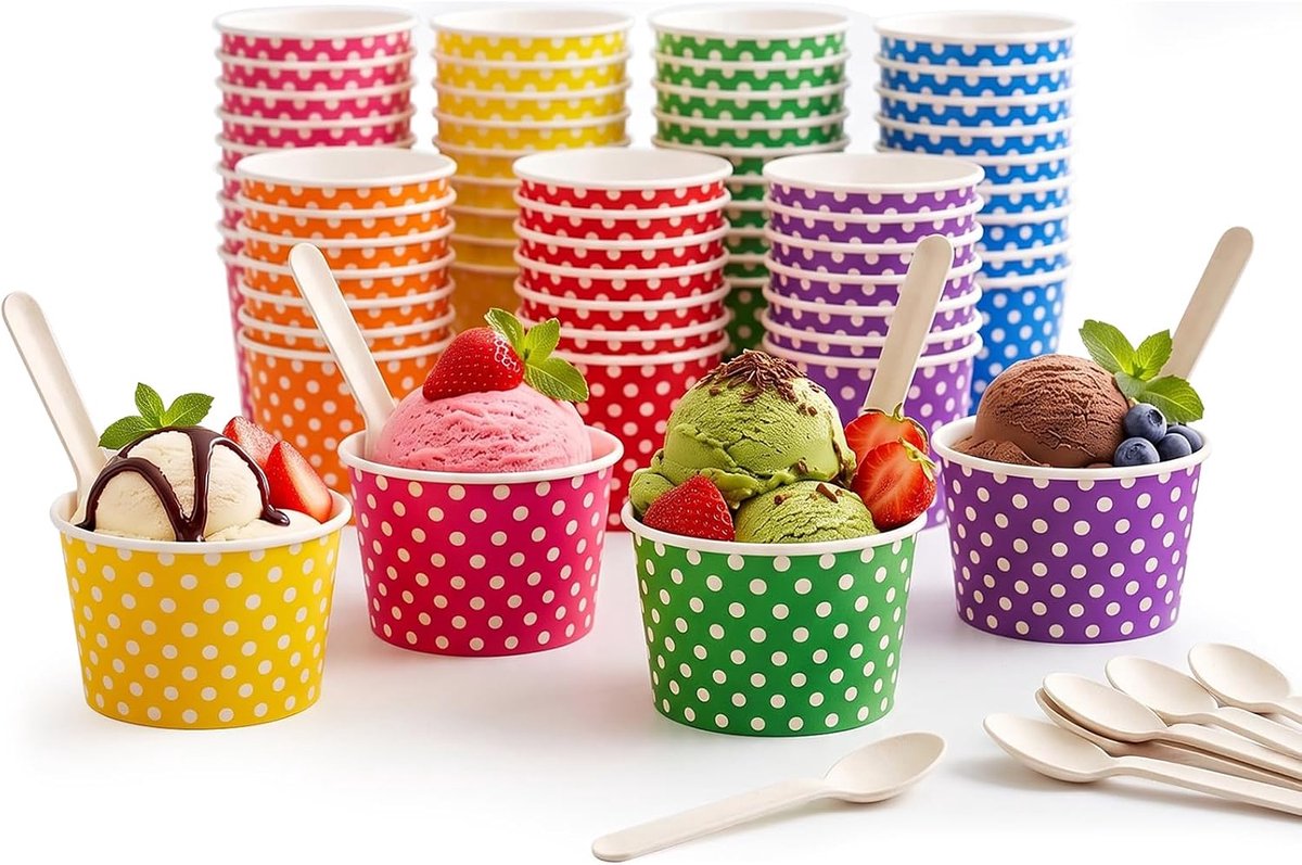 bekers met lepels, 49 stuks, 160 ml, dessertbekers | IJsbeker van papier, schalen voor ijs, dessert, yoghurt
