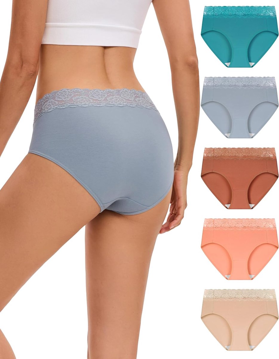 Onderbroeken voor dames, katoen, hoge taille, slip, kant, verpakking van 5 stuks | 100% katoenen kruis, damesondergoed stretch, zachte tailleslip, hoge pijpen, damesonderbroek met kanten band, comfortabel