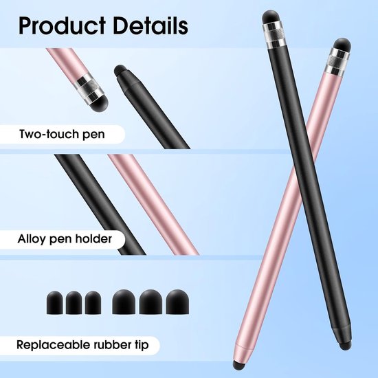 Tabletpen, 2-in-1 universele touchscreen-stylus met magnetische rubberen punt met 6 reserveopzetstukken voor iPad iPhone Samsung Huawei Xiaomi Surface Chromebook (zwart + roségoud) — afbeelding 2