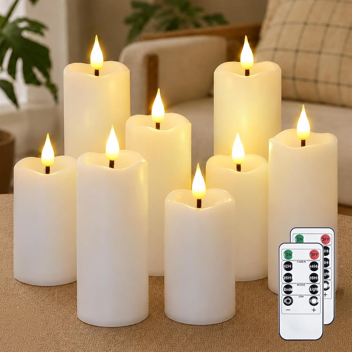Batterij aangedreven flikkerende kaarsen met Teardrop-wiek, pak van 8 plastic vlamloze witte led-kaarsen met afstandsbediening en timer, blijvende 600+ uur (5,3 cm x 11 14 17 cm)