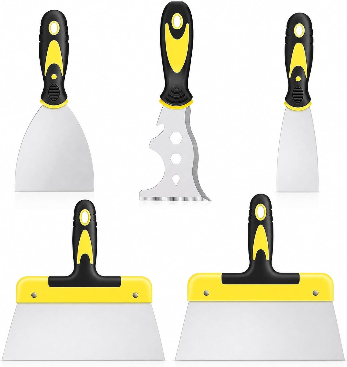 spatel en schraperset, 5-delig, roestvrijstalen messen met antislip handgreep, voor muur, verf, behang, plamuurmassa, schildergereedschap voor doe-het-zelvers en professionals
