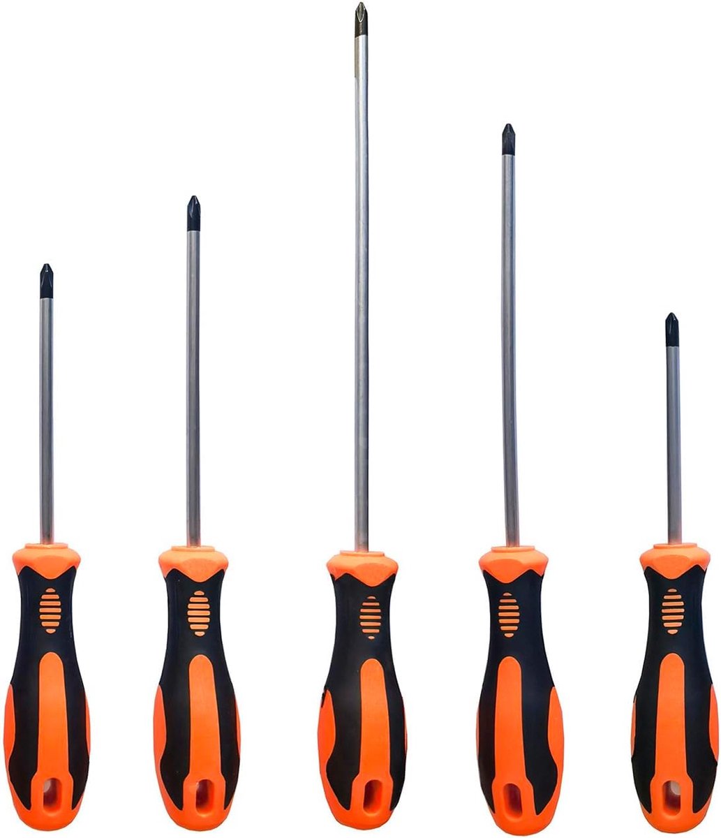 schroevendraaierset met magnetische punten, 5 x 75 mm, 6 x 100 mm, 6 x 125 mm, 6 x 150 mm, 6 x 200 mm, zachte ergonomische handgreep van standaard en precisieschroevendraaiers. (oranje)