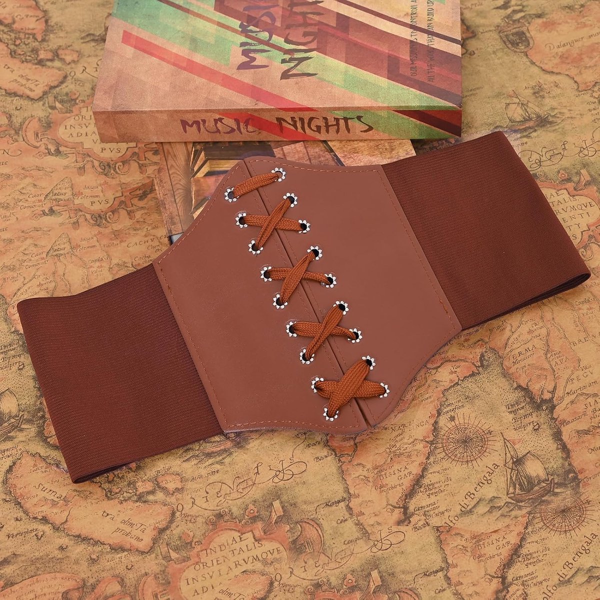 tailleband van kunstleer met elastische tailleband, 2 stijlen (metalen ringen/veters) voor kostuums, carnaval en middeleeuwse mode, bruin, 44-Passt für Taillengröße 87-99cm, veters