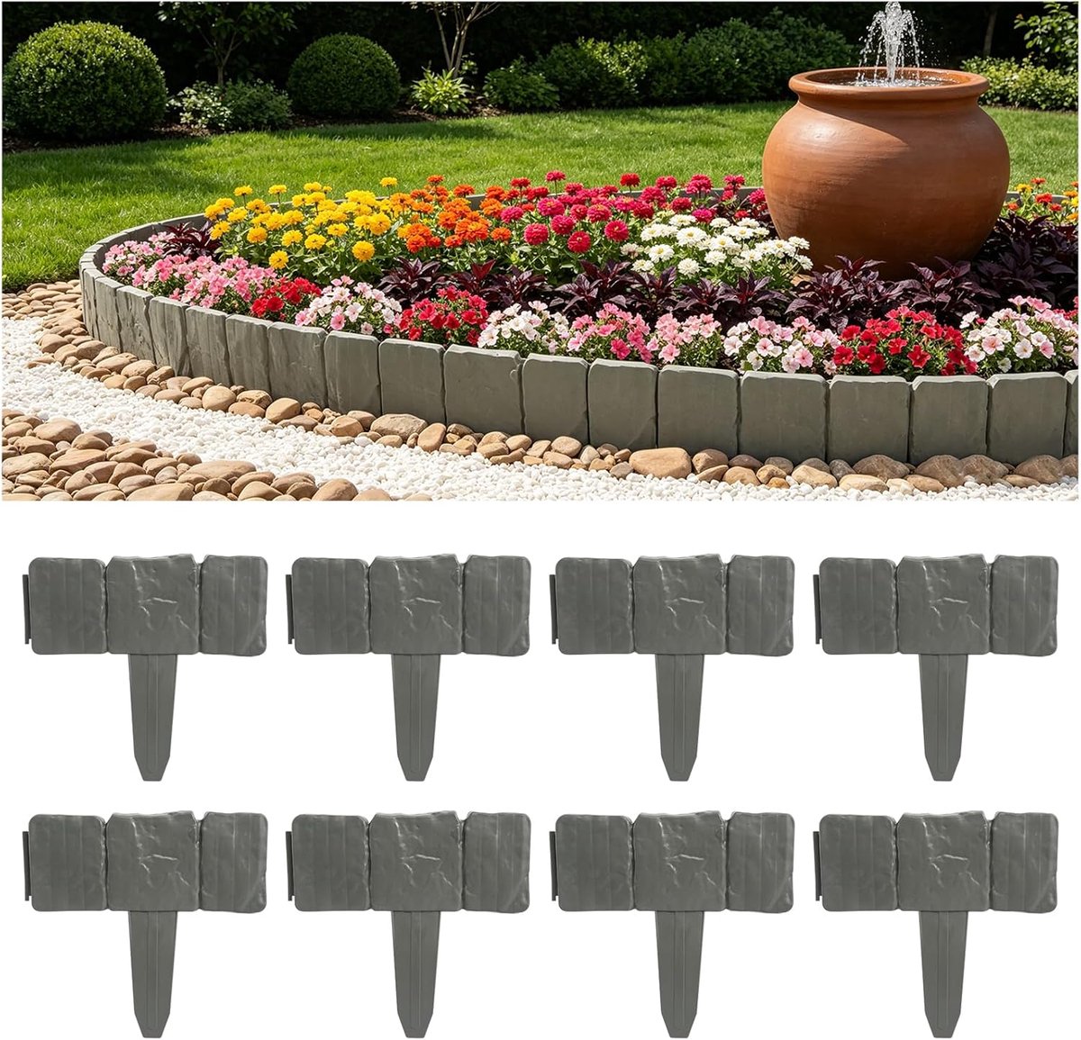 20 stuks gazonrand, kunststof, bloembedrand, 5 m, bloembedrand, steen, grijs, gazonrandstenen voor tuin, binnenplaats, kwekerij