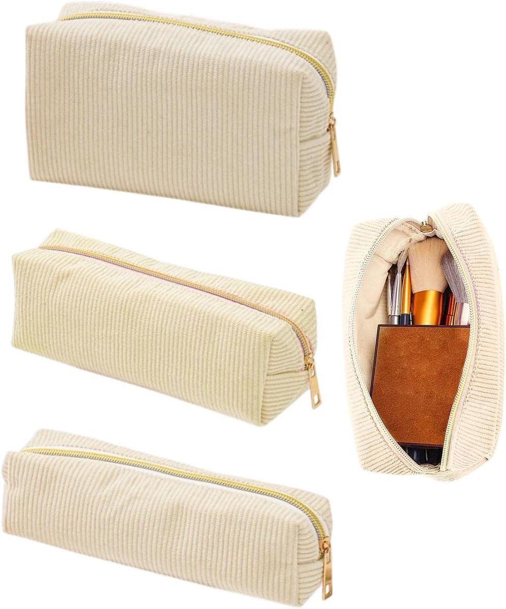 3 stuks Schminktasschchen Klein, Dames Reis Cosmetiek Tasje met ritssluiting Make-up Tasje Reis Accessoires Organisator, Multifunctionele Make-up Tasje voor Dames(cremekleuren)
