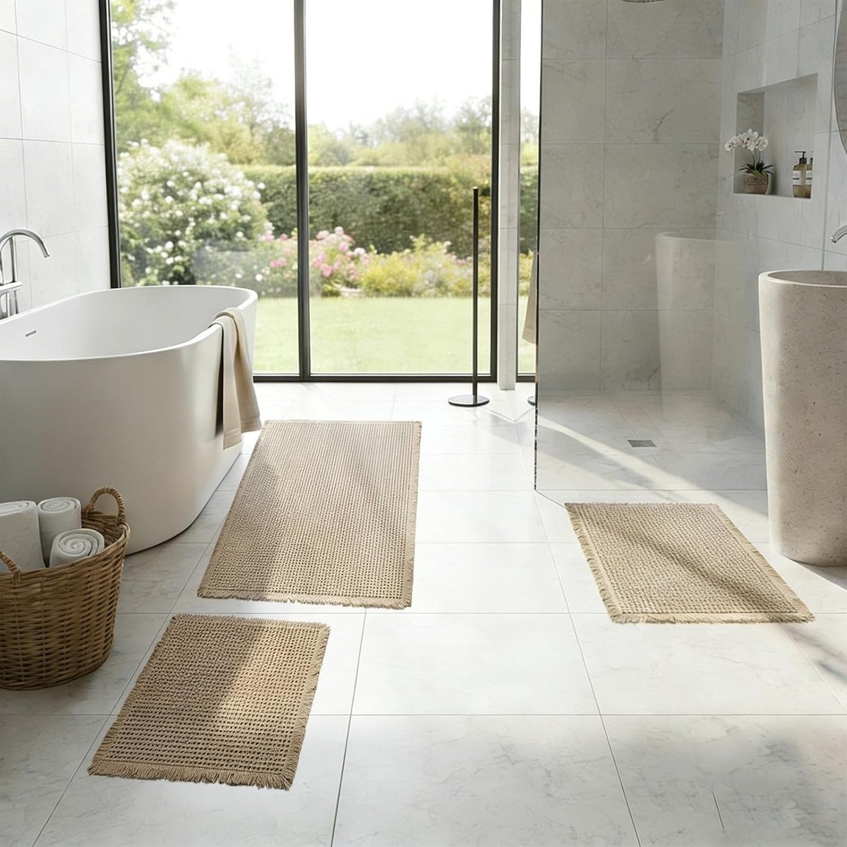Badmat, antislip en absorberend, 3-delig, douchemat, wasbaar, zacht, geschikt voor badkamer, slaapkamer, woonkamer, 1 stuk, 50 x 121 cm, 2 stuks, 43 x 61 cm, beige