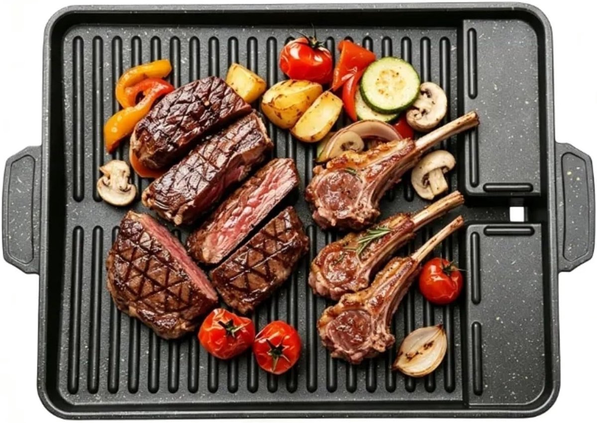 Grillpan 37 x 26 x 3 cm, antiaanbaklaag, rookvrije rechthoekige grillplaat voor inductie, gasfornuis, gaskookplaat & campingkookplaat, veelzijdig grillopzetstuk voor keuken en outdoor