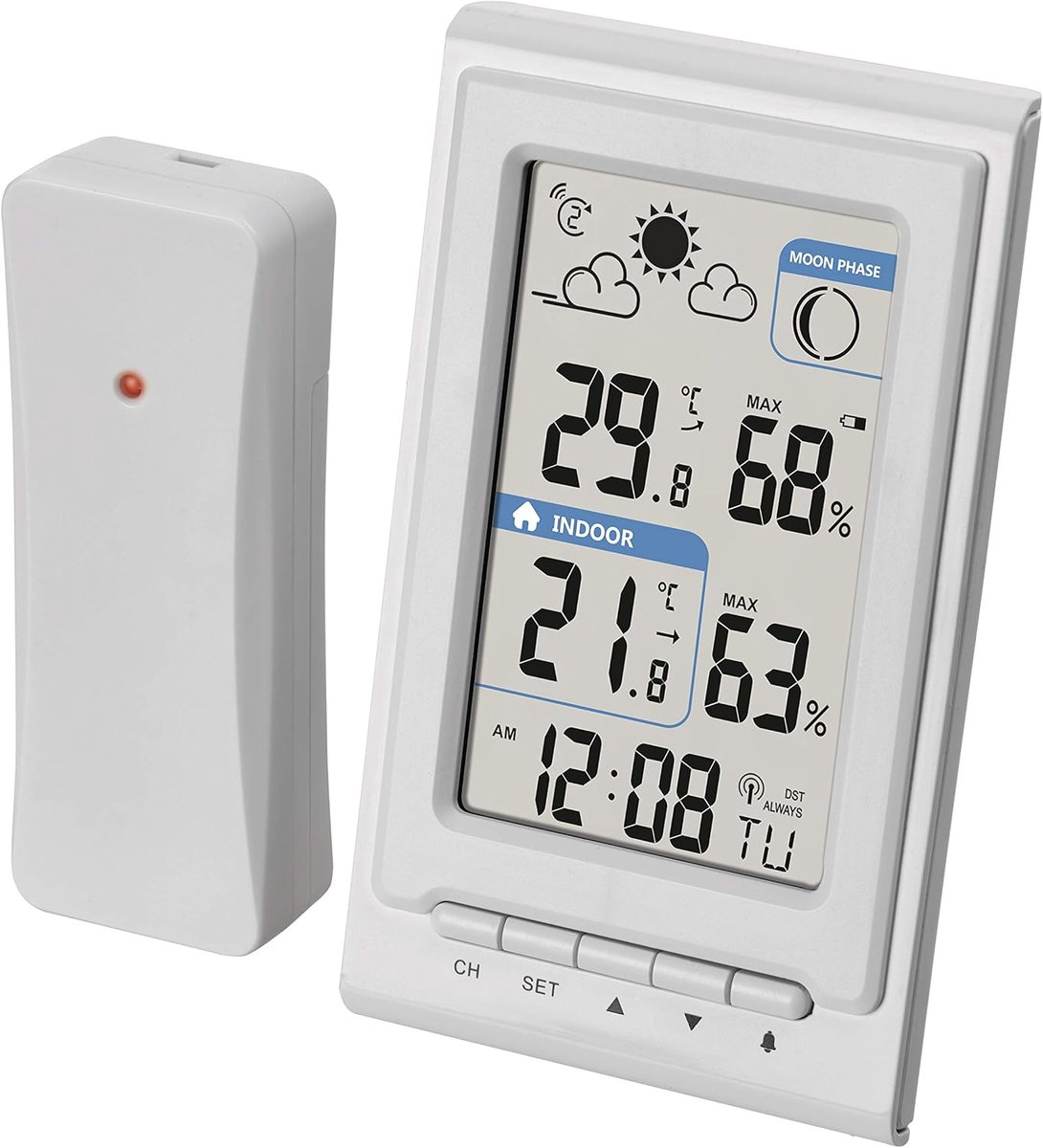 Mini draadloos weerstation met buitensensor, meet binnen- en buitentemperatuur, vochtigheid, weersvoorspelling, radiogestuurde klok met wekker, wit