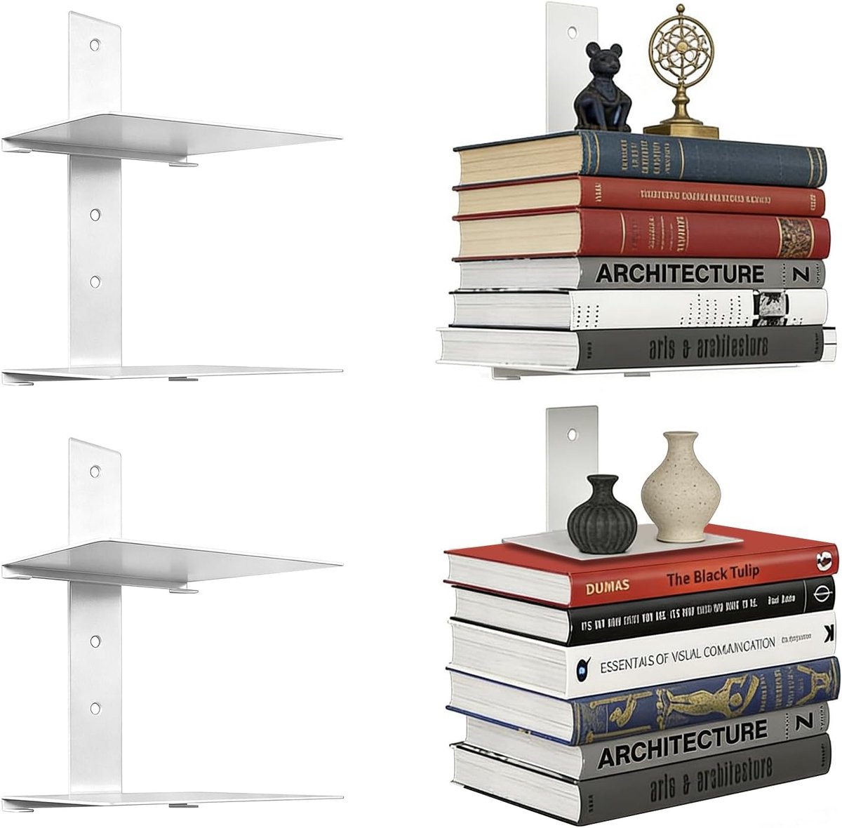 boekenkast, 4 verdiepingen, set van 2, zwevende wandplanken van metaal, minimalistisch design voor slaapkamer en thuiskantoor (wit)
