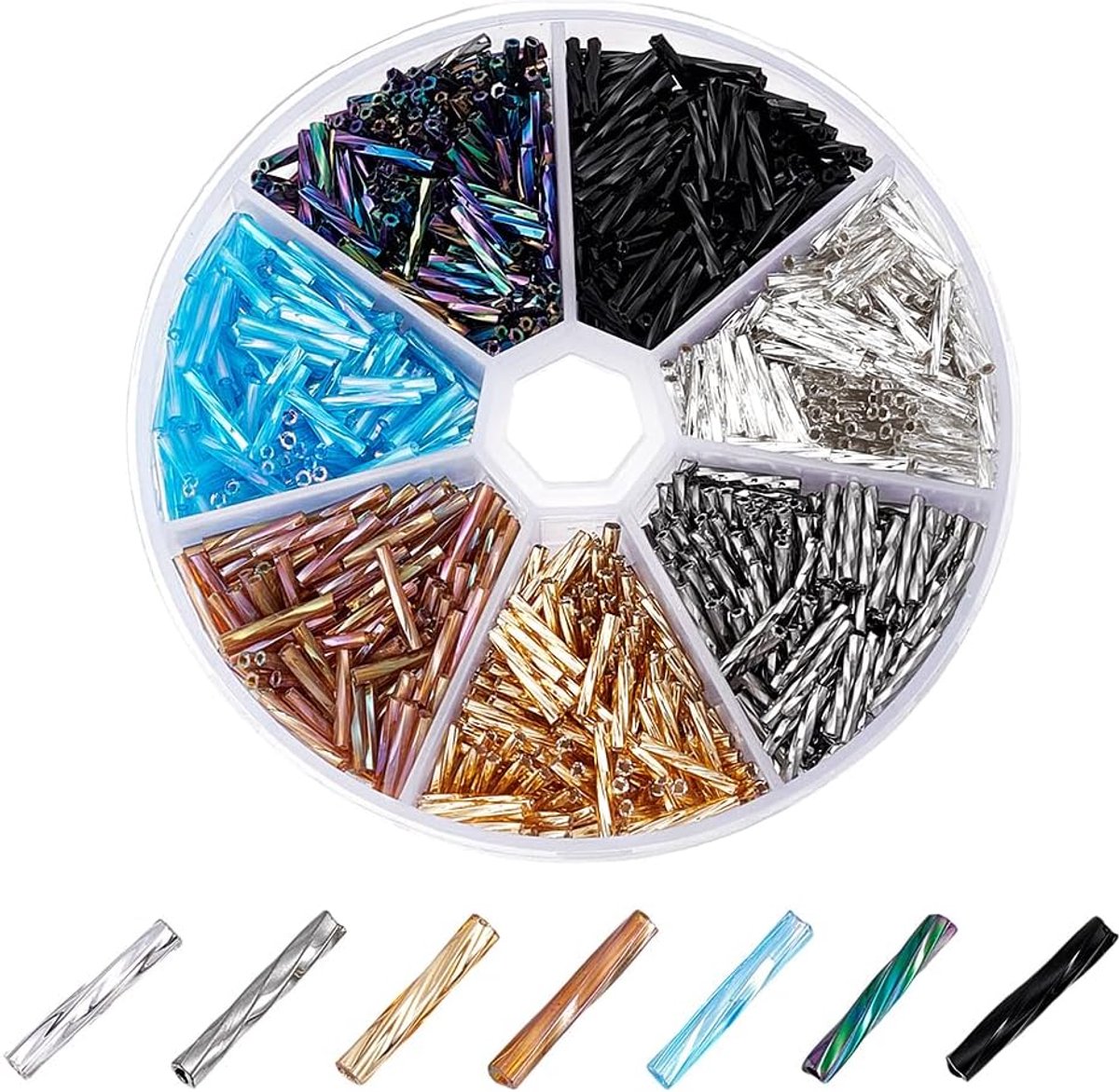 Kralen, 7 kleuren glazen buiskralen, 12 x 2 mm lange buis zaadafstandskraal voor armband, kettingen, sieraden knutselen maken kralen naaien, 0,5 mm gat