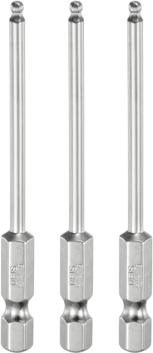 Set van 3 zeskantige schroevendraaierbits kogelkop 2,5 mm (H2,5) grootte 1/4 inch zeskantschacht 75 mm (3 inch) lengte magnetische kogelkop staal S2 metrische bits
