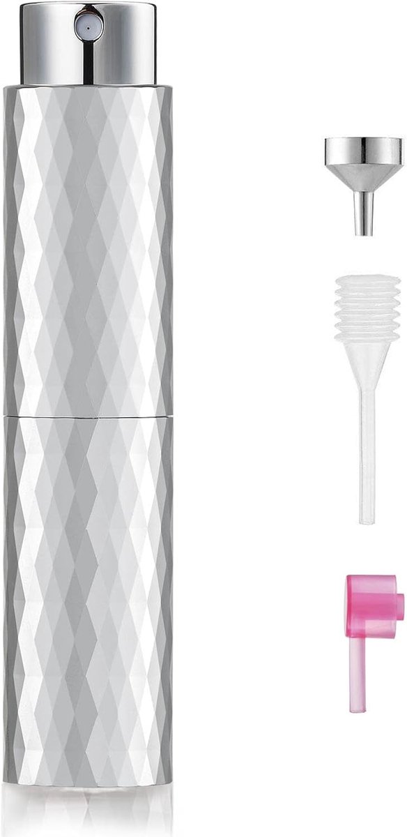 Navulbare Parfumverstuiver 8 ml, Zilveren Aluminium Parfum Atomizer met Glazen Binnenfles, Draaibare Reis Parfumfles voor Handtas, Vakantie, Cologne en Aftershave