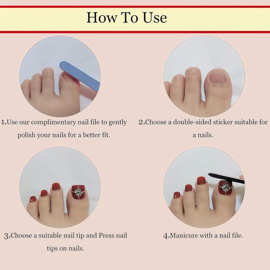 On Nails Set, 60 stuks nagels om op te plakken en tenen nagel tips voor dames, bruiden, beginners voor bruiloft, kantoor, party manicure, rood French (vierkant) — afbeelding 5