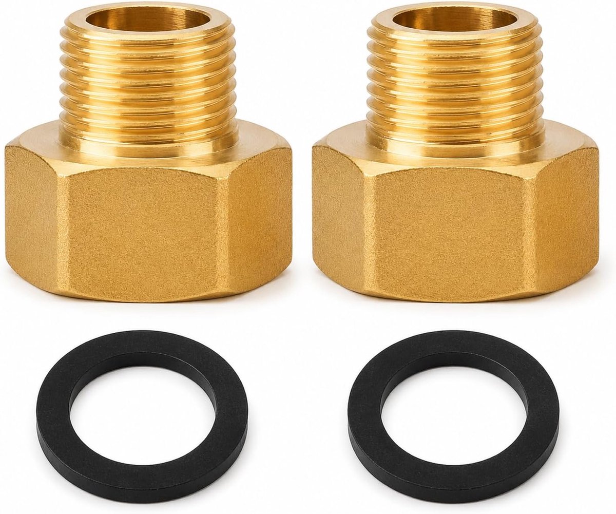 Verloopstuk 1/2 naar 3/8 inch set van 2, messing verloopstuk 1/2" binnendraad x 3/8" buitendraad, adapter 1/2 naar 3/8 voor wateraansluiting, flexibele slang, armatuur incl. 2 afdichtingen