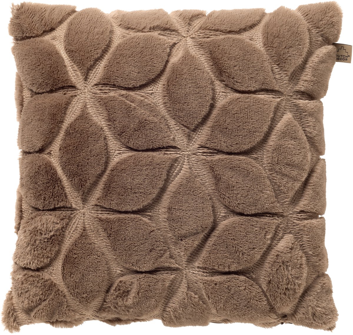 Dutch Decor QUINN - kussenhoes 45x45 cm - bontlook - gewatteerd bloemmotief - Driftwood - taupe - met rits - zonder binnenkussen