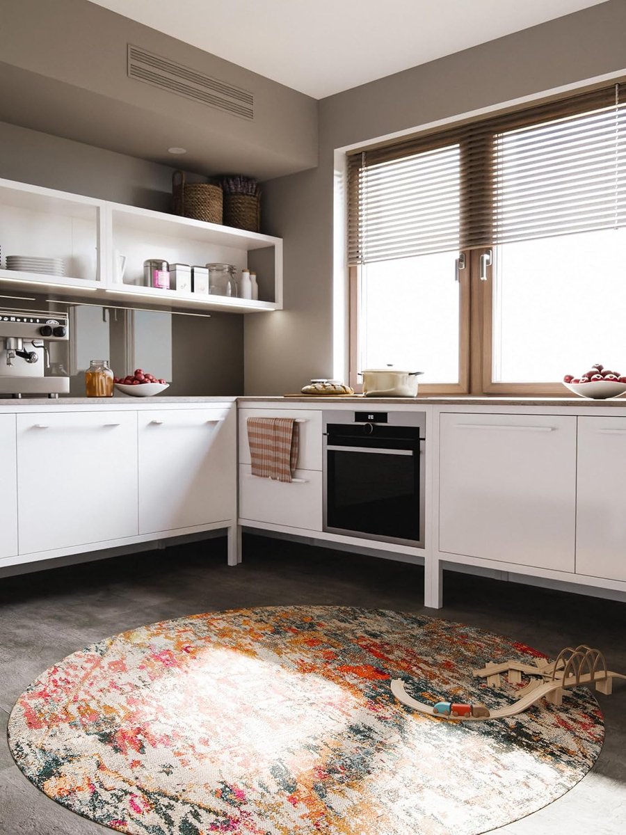 benuta Nest Casa Vloerkleed, meerkleurig, 200 cm, rond, tapijt voor woonkamer, slaapkamer en hal, onderhoudsvriendelijk, geschikt voor vloerverwarming