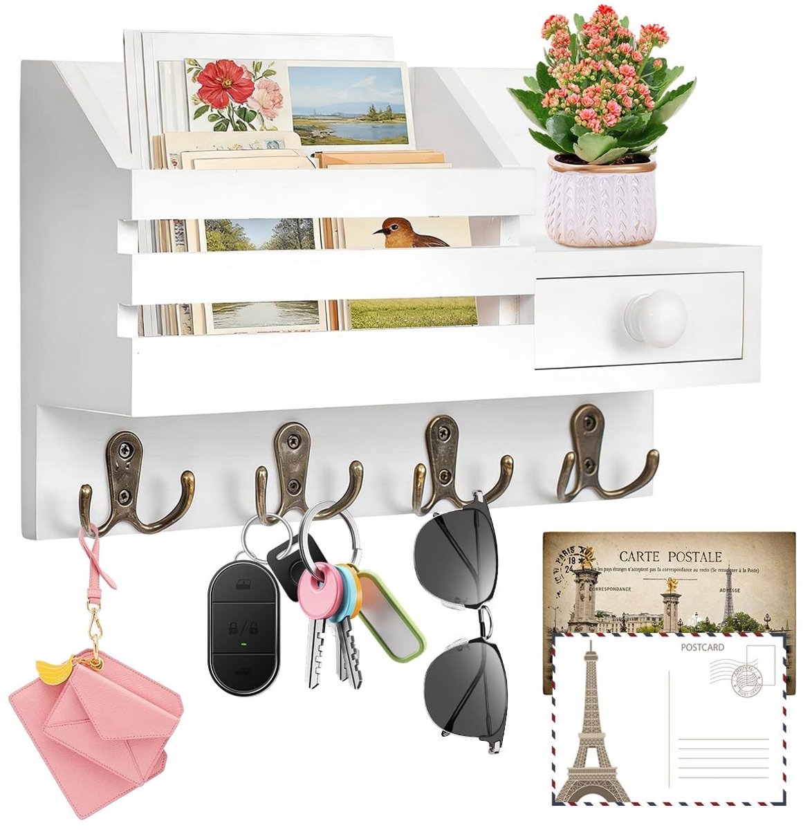 Dailygoods- Sleutelrek Hout - Sleutelkastje met Plank - Sleutelhouder met 4 Haken - Opbergmand - Wandsleutelbord voor Hal - Veilig en Glad Afgewerkt - Sleutelkast