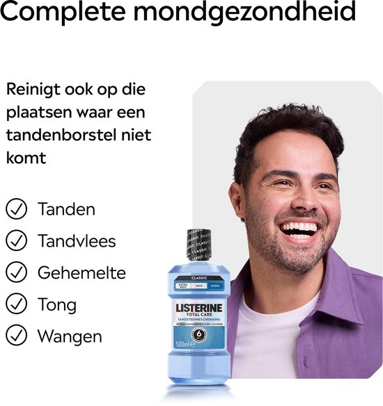 Listerine Total Care mondwater met een lachende man en 5 items die reinigen: tanden, tandvlees, tand, tong, wangen.