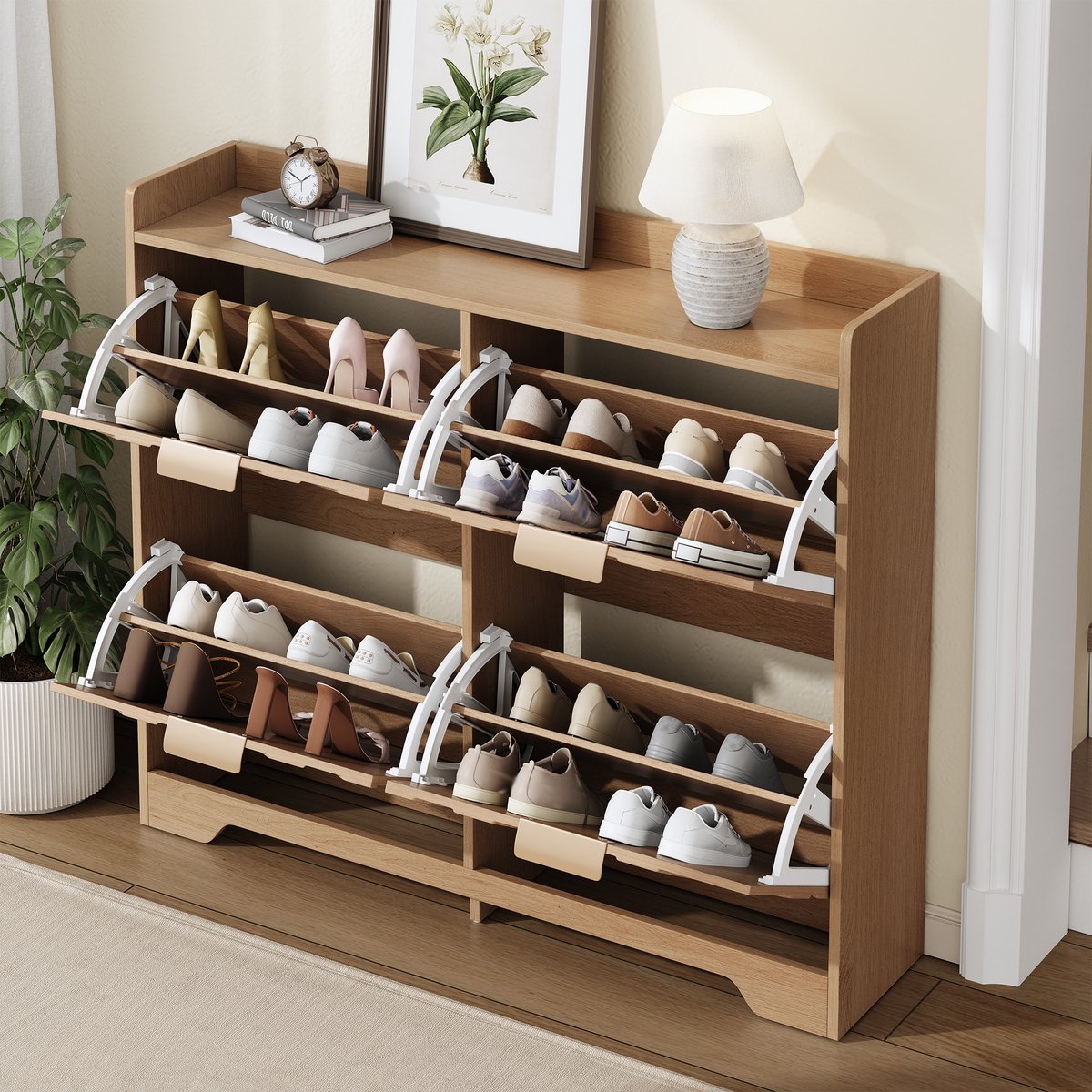 REDOM - Schoenenkast - 4 klepvakken - 3D-structuurfront met opbergplank boven - Moderne stijl - Hal - MDF - Naturel - 105 x 24 x 90 cm