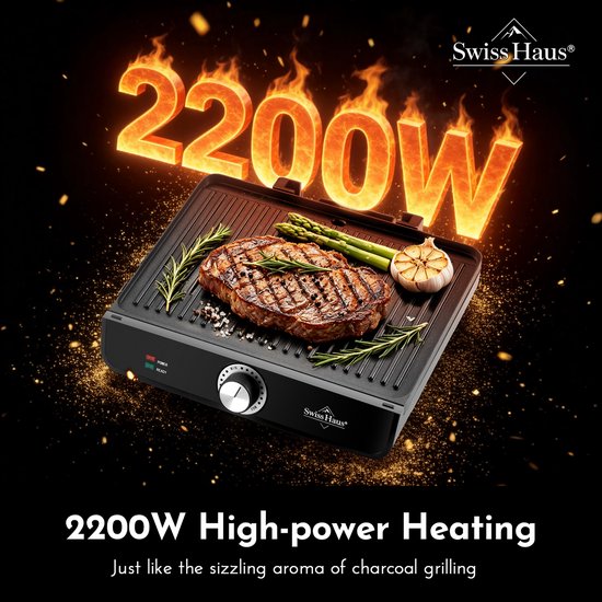 Swiss Haus® TG22 Rookvrije Elektrische Grillplaat 2200W - 36 x 26 cm - Tafelgrill - Indoor Contact Grill - Bakplaat - Gourmet - PFAS Vrij Antiaanbaklaag - Afneembaar Deksel - Met Temperatuurregelaar - RVS/Zwart — afbeelding 4